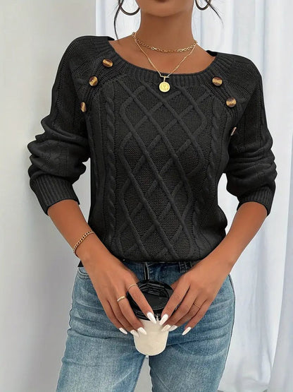 Cable Knit Sweater with Tortoiseshell Button Shoulder Detail