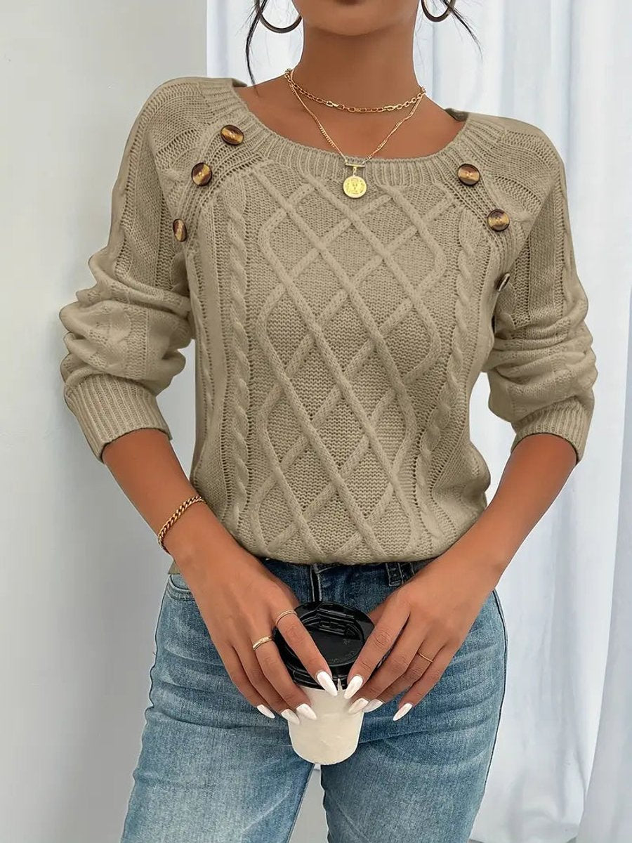 Cable Knit Sweater with Tortoiseshell Button Shoulder Detail