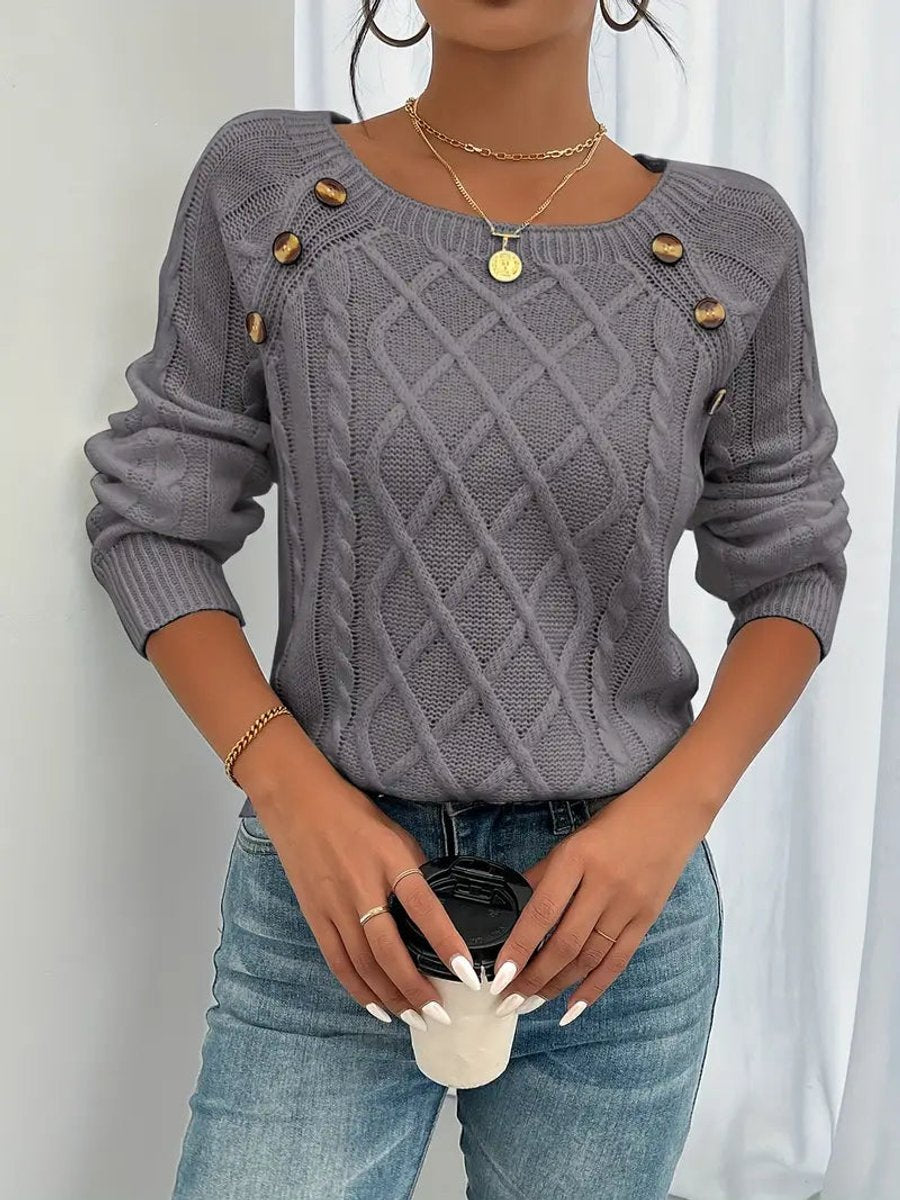 Cable Knit Sweater with Tortoiseshell Button Shoulder Detail