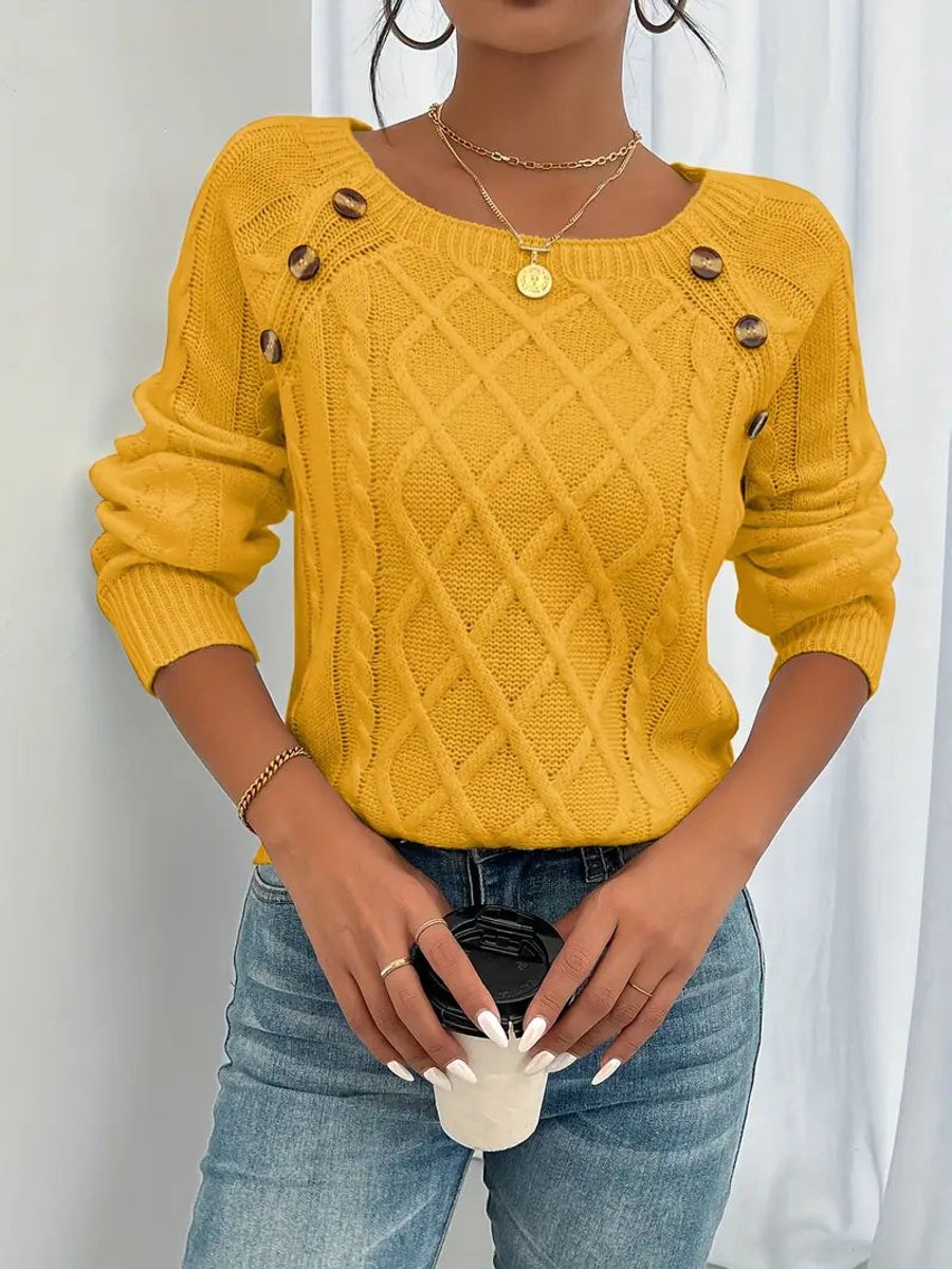 Cable Knit Sweater with Tortoiseshell Button Shoulder Detail