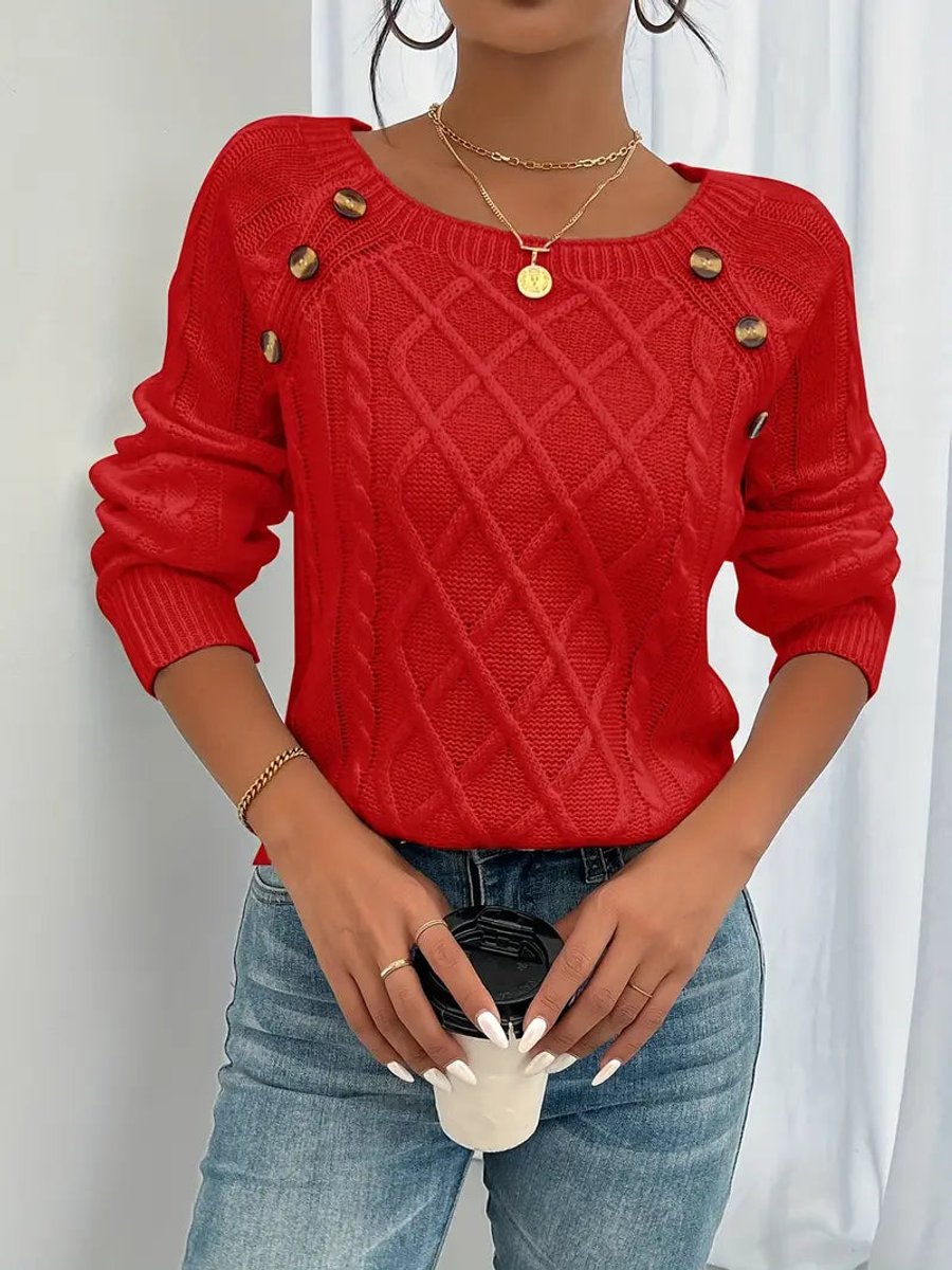 Cable Knit Sweater with Tortoiseshell Button Shoulder Detail