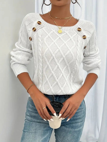 Cable Knit Sweater with Tortoiseshell Button Shoulder Detail