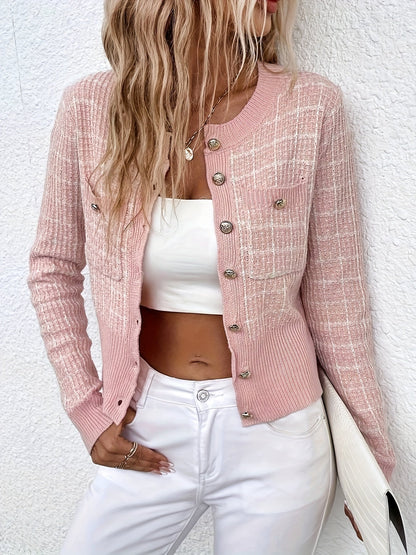 Chic Houndstooth Knit Cardigan with Gold Buttons and Chest Pockets