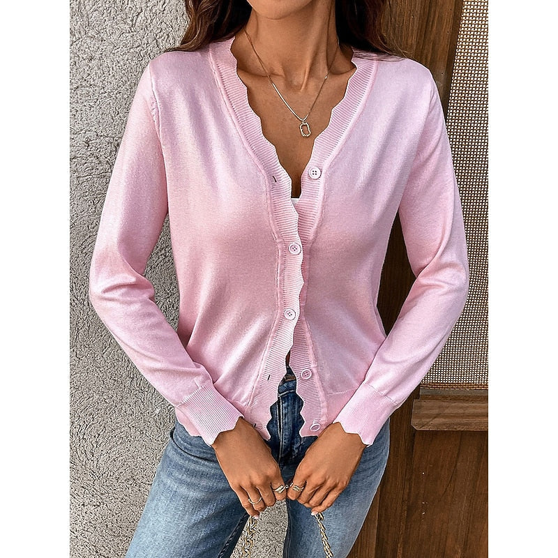 Chic Knit Cardigan with V-Neckline and Scalloped Trim