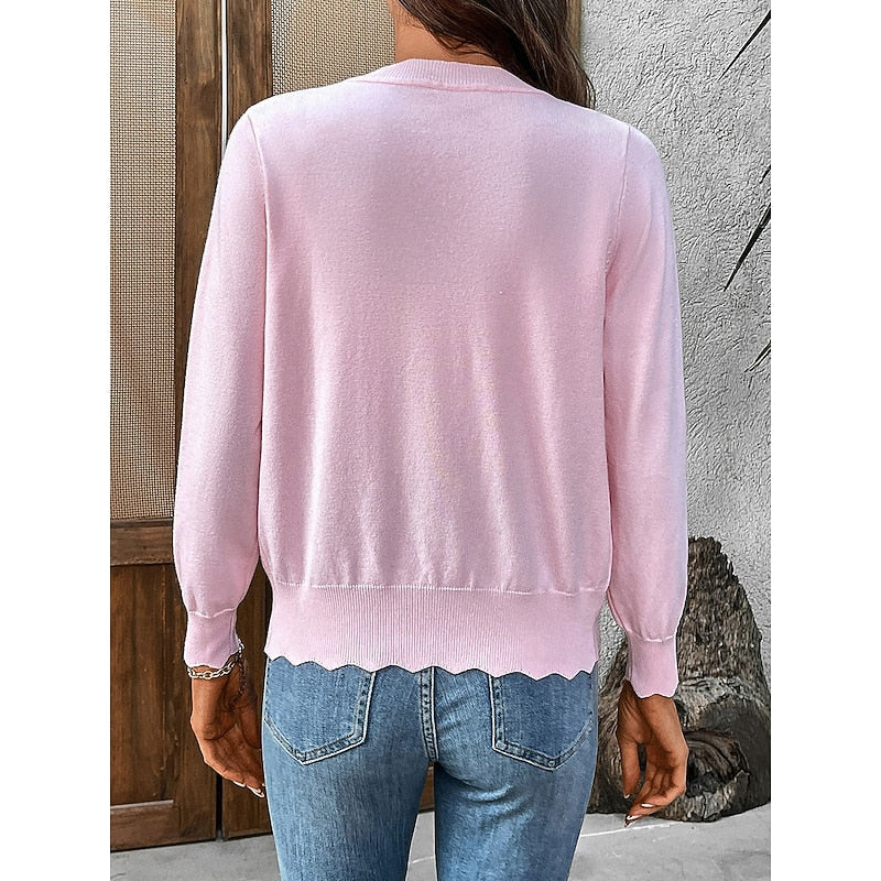 Chic Knit Cardigan with V-Neckline and Scalloped Trim