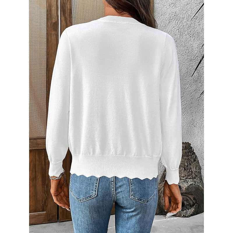 Chic Knit Cardigan with V-Neckline and Scalloped Trim