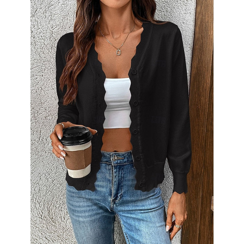 Chic Knit Cardigan with V-Neckline and Scalloped Trim