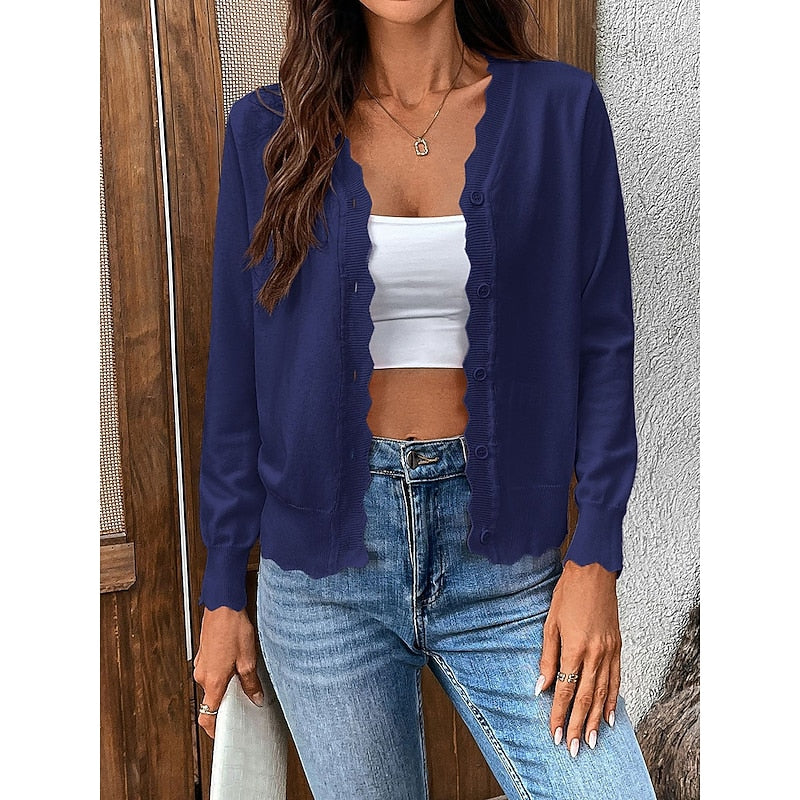 Chic Knit Cardigan with V-Neckline and Scalloped Trim