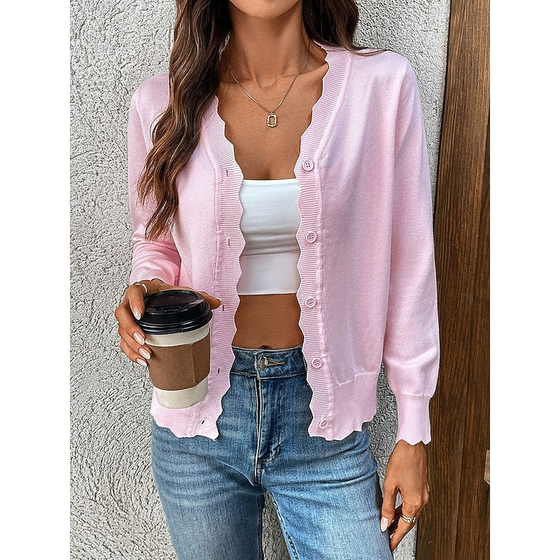 Chic Knit Cardigan with V-Neckline and Scalloped Trim