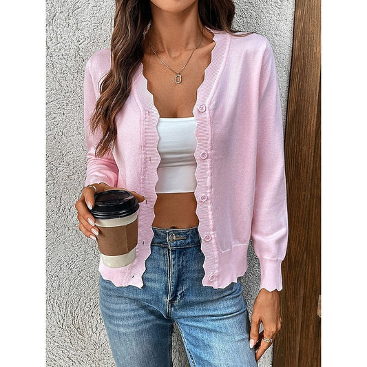 Chic Knit Cardigan with V-Neckline and Scalloped Trim