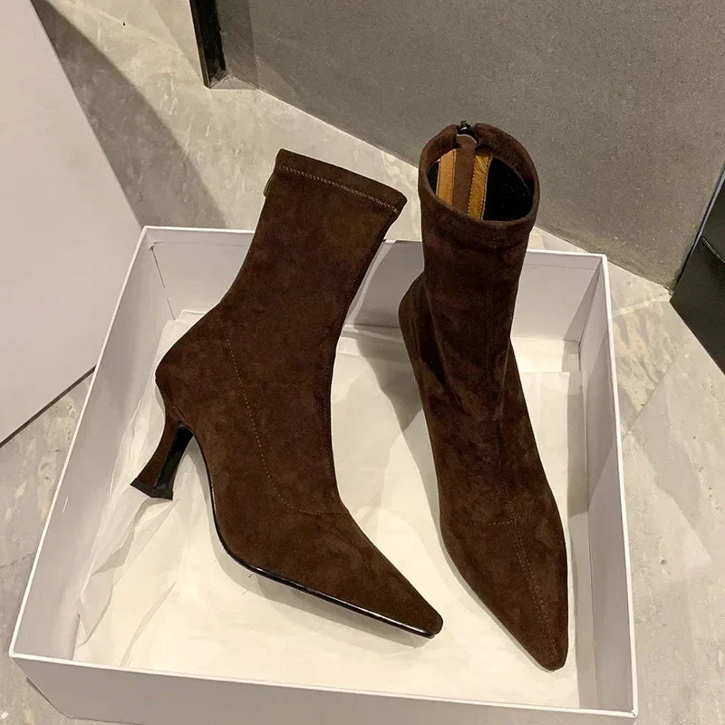 Fitted Suede Heeled Ankle Boots with Pointed Toe