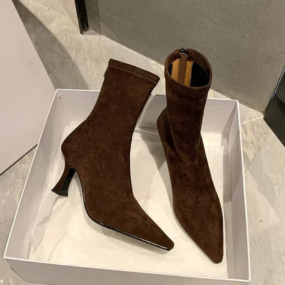 Fitted Suede Heeled Ankle Boots with Pointed Toe