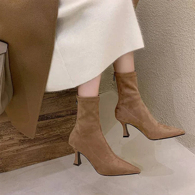 Fitted Suede Heeled Ankle Boots with Pointed Toe