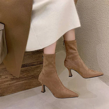 Fitted Suede Heeled Ankle Boots with Pointed Toe
