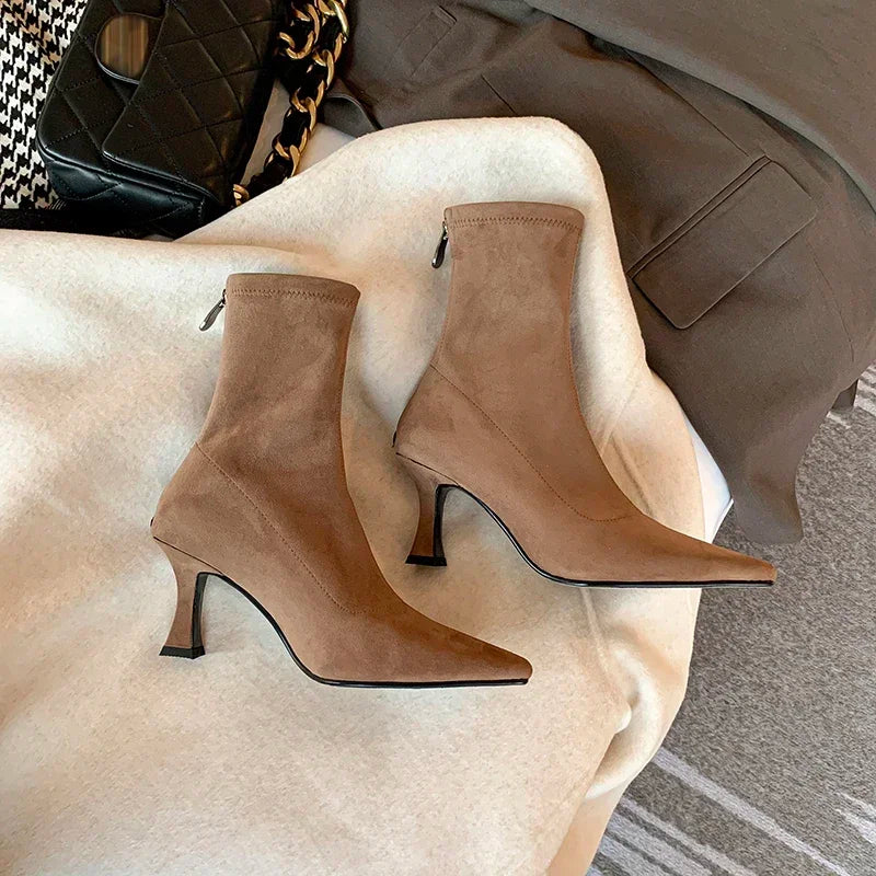 Fitted Suede Heeled Ankle Boots with Pointed Toe