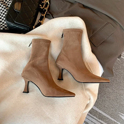Fitted Suede Heeled Ankle Boots with Pointed Toe