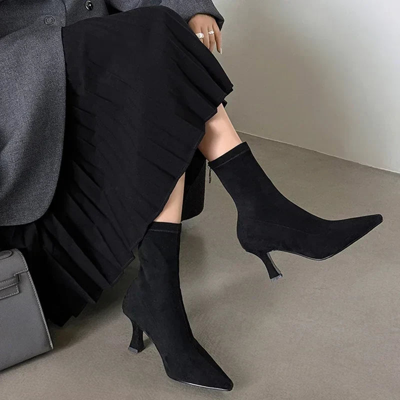 Fitted Suede Heeled Ankle Boots with Pointed Toe