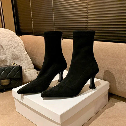 Fitted Suede Heeled Ankle Boots with Pointed Toe