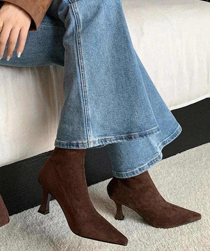 Fitted Suede Heeled Ankle Boots with Pointed Toe