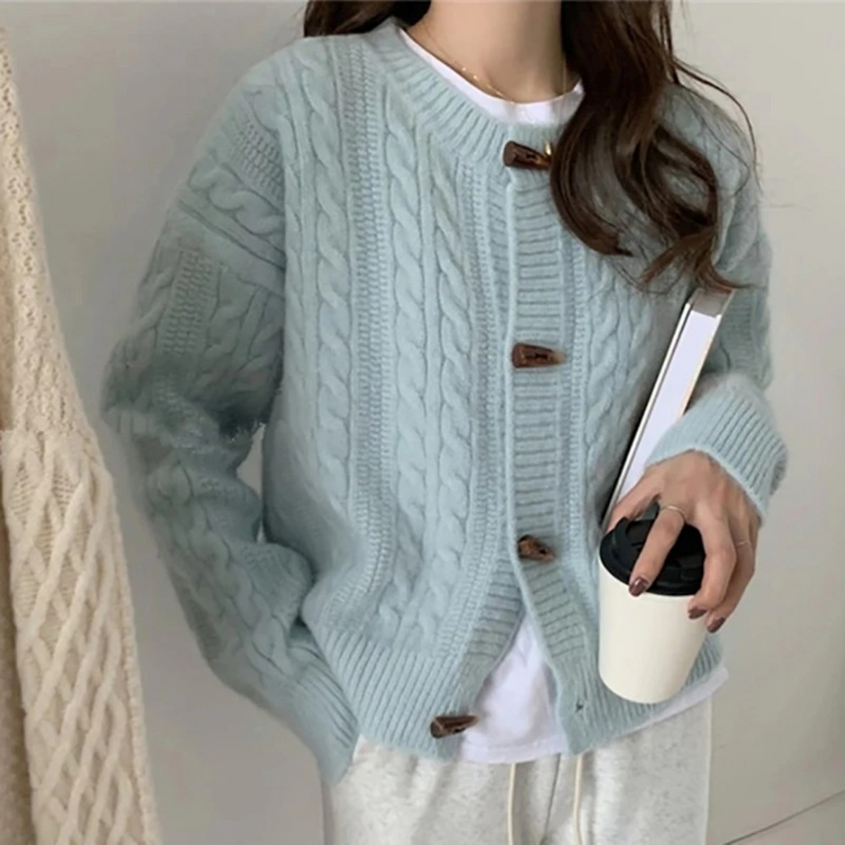 Chunky Cable Knit Cardigan with Horn-Style Toggle Buttons