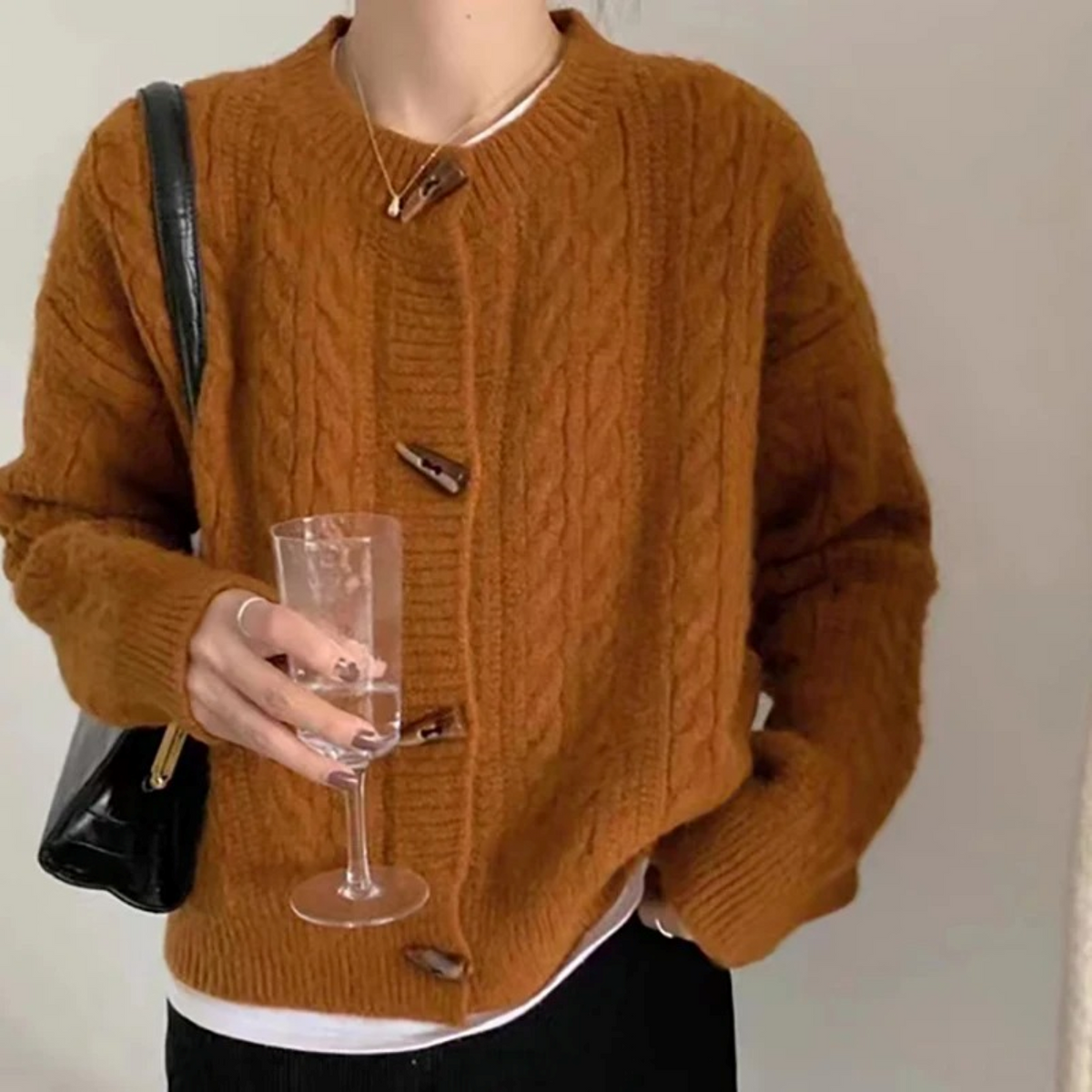 Chunky Cable Knit Cardigan with Horn-Style Toggle Buttons