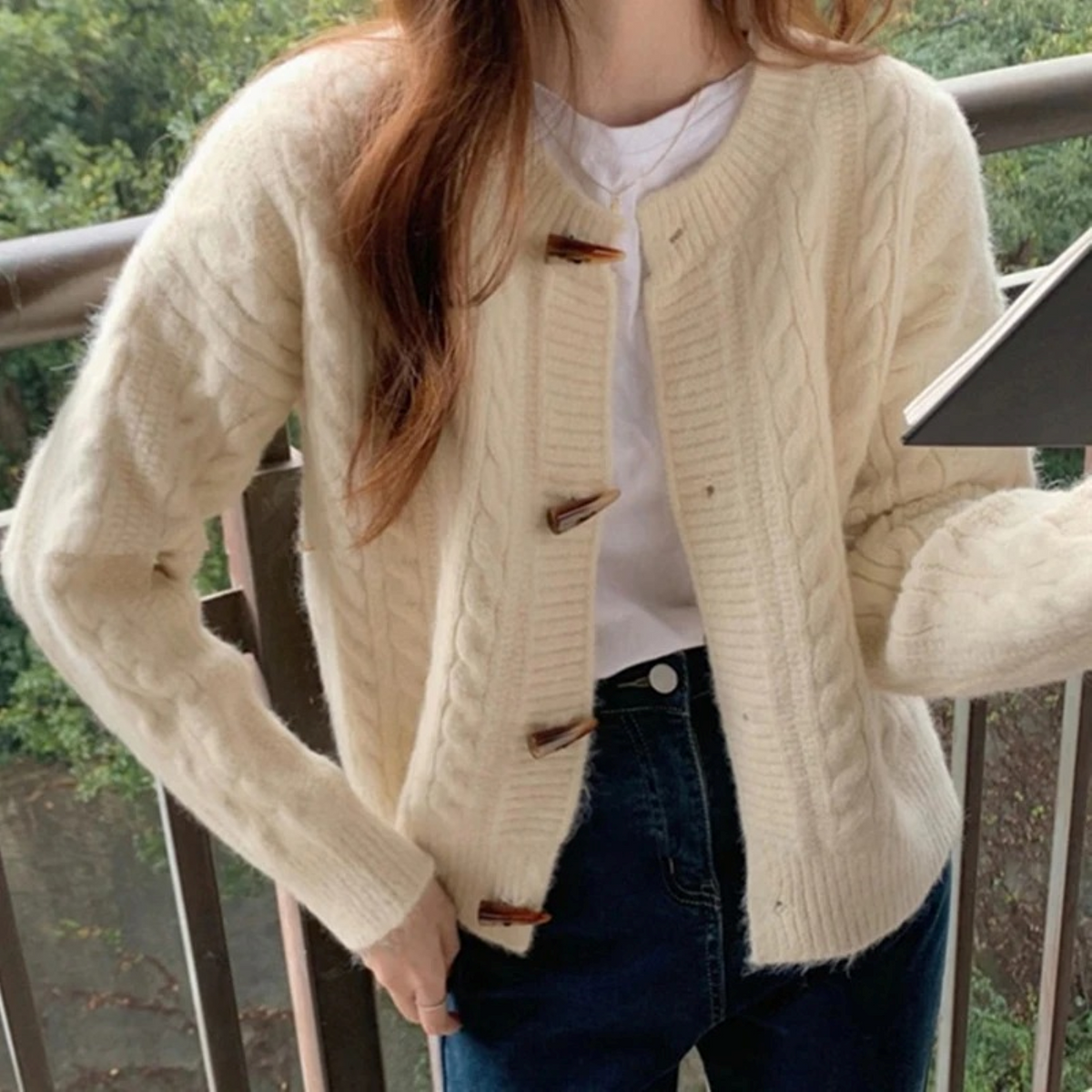 Chunky Cable Knit Cardigan with Horn-Style Toggle Buttons