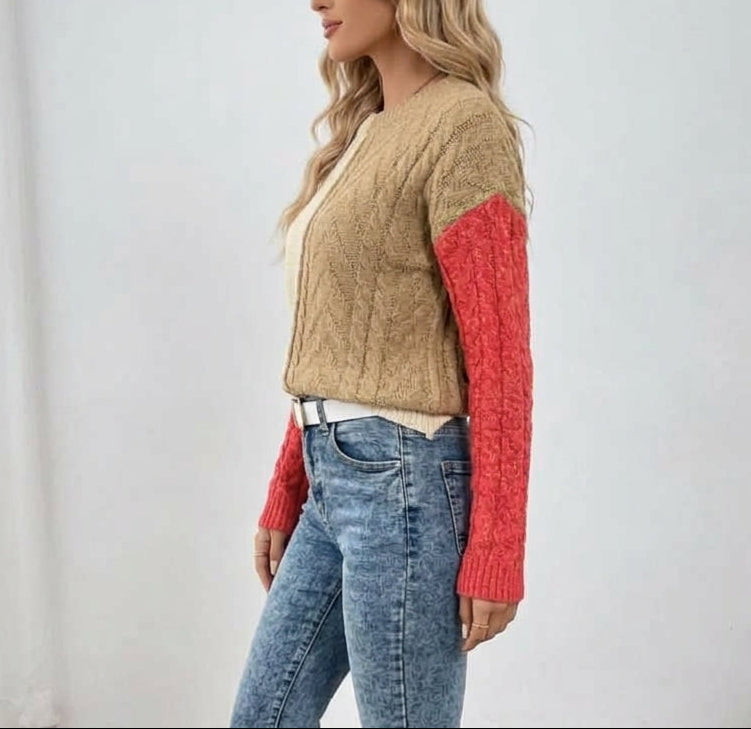 Chunky Cable Knit Colour Block Sweater with Front Pocket