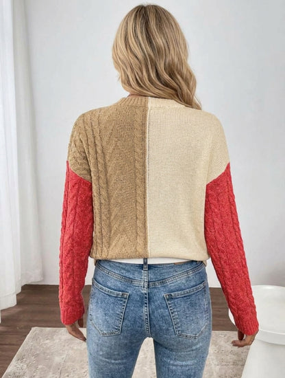 Chunky Cable Knit Colour Block Sweater with Front Pocket