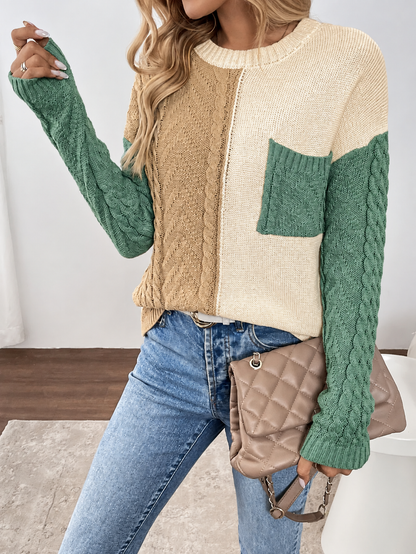 Chunky Cable Knit Colour Block Sweater with Front Pocket