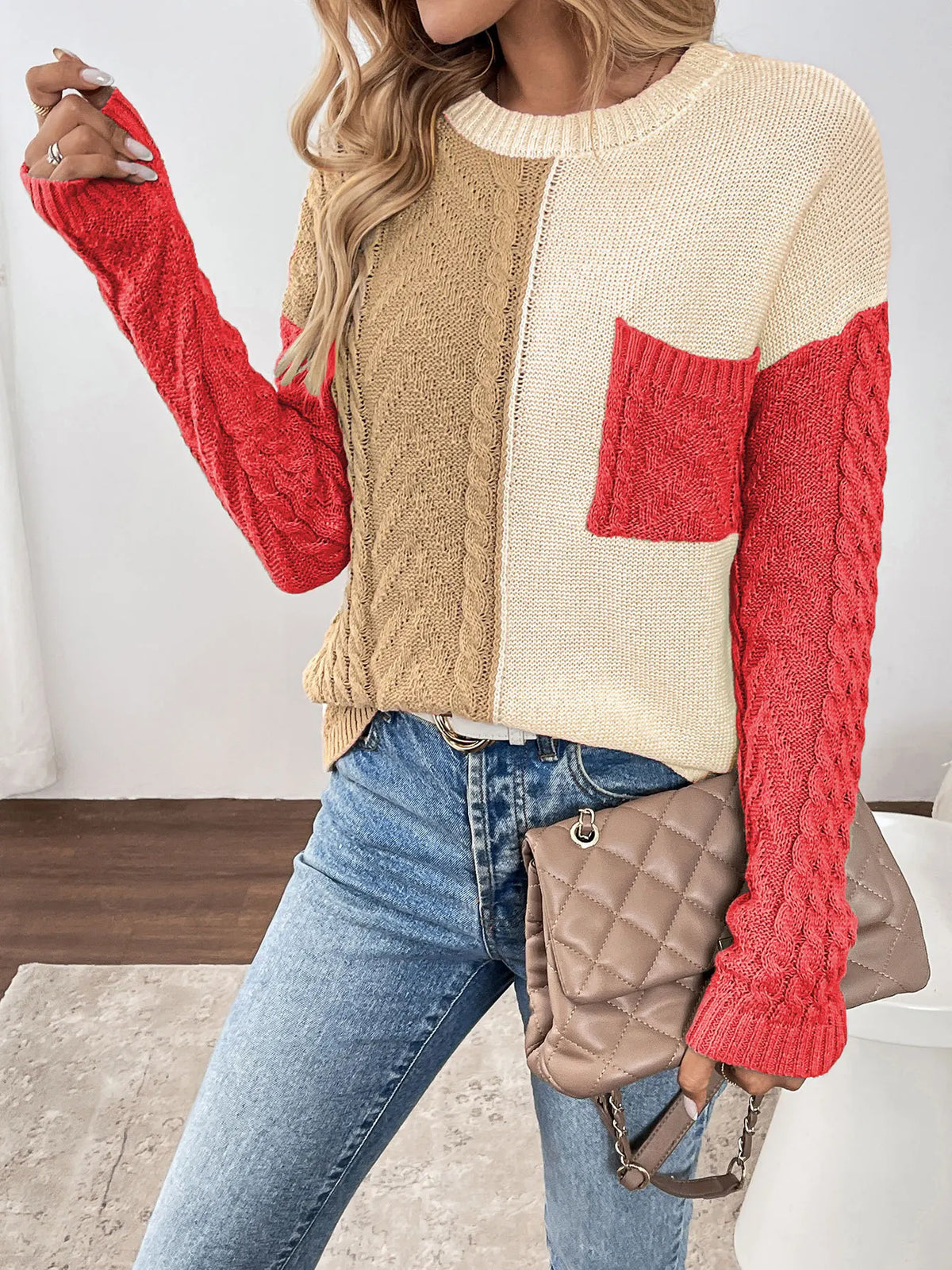 Chunky Cable Knit Colour Block Sweater with Front Pocket