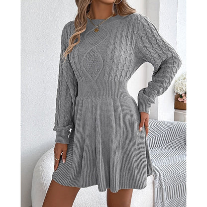 Chunky Cable Knit Mini Dress with Flared Skirt and Puff Sleeves