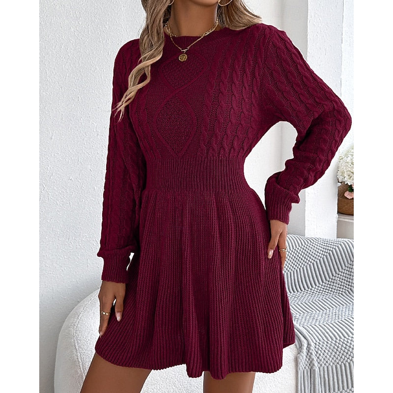 Chunky Cable Knit Mini Dress with Flared Skirt and Puff Sleeves