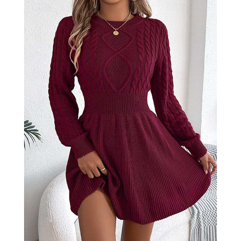Chunky Cable Knit Mini Dress with Flared Skirt and Puff Sleeves