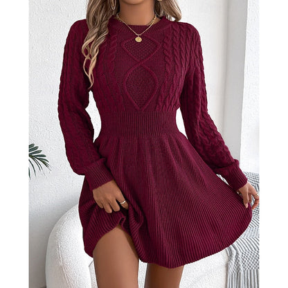 Chunky Cable Knit Mini Dress with Flared Skirt and Puff Sleeves