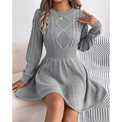 Chunky Cable Knit Mini Dress with Flared Skirt and Puff Sleeves