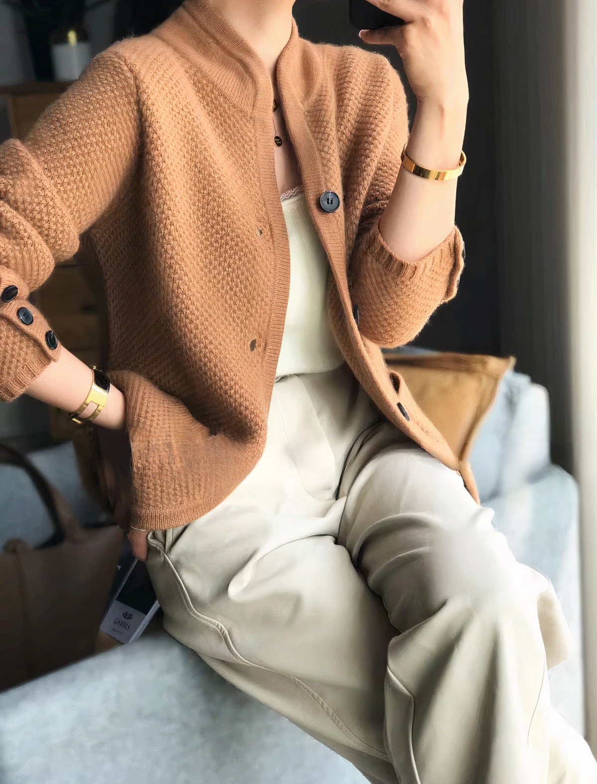 Chunky Knit Cardigan with Stand Collar and Front Pockets