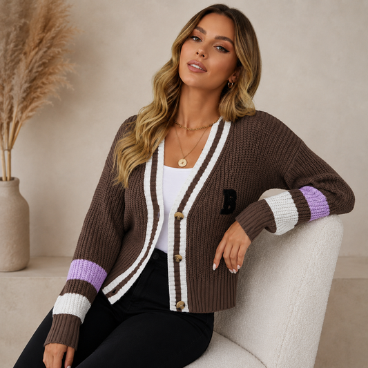 Chunky Knit Cardigan with Varsity Stripe Cuffs and V-Neckline