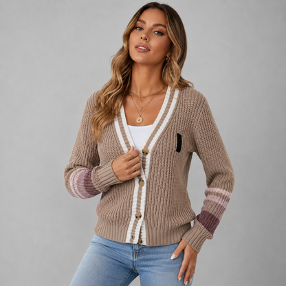 Chunky Knit Cardigan with Varsity Stripe Cuffs and V-Neckline