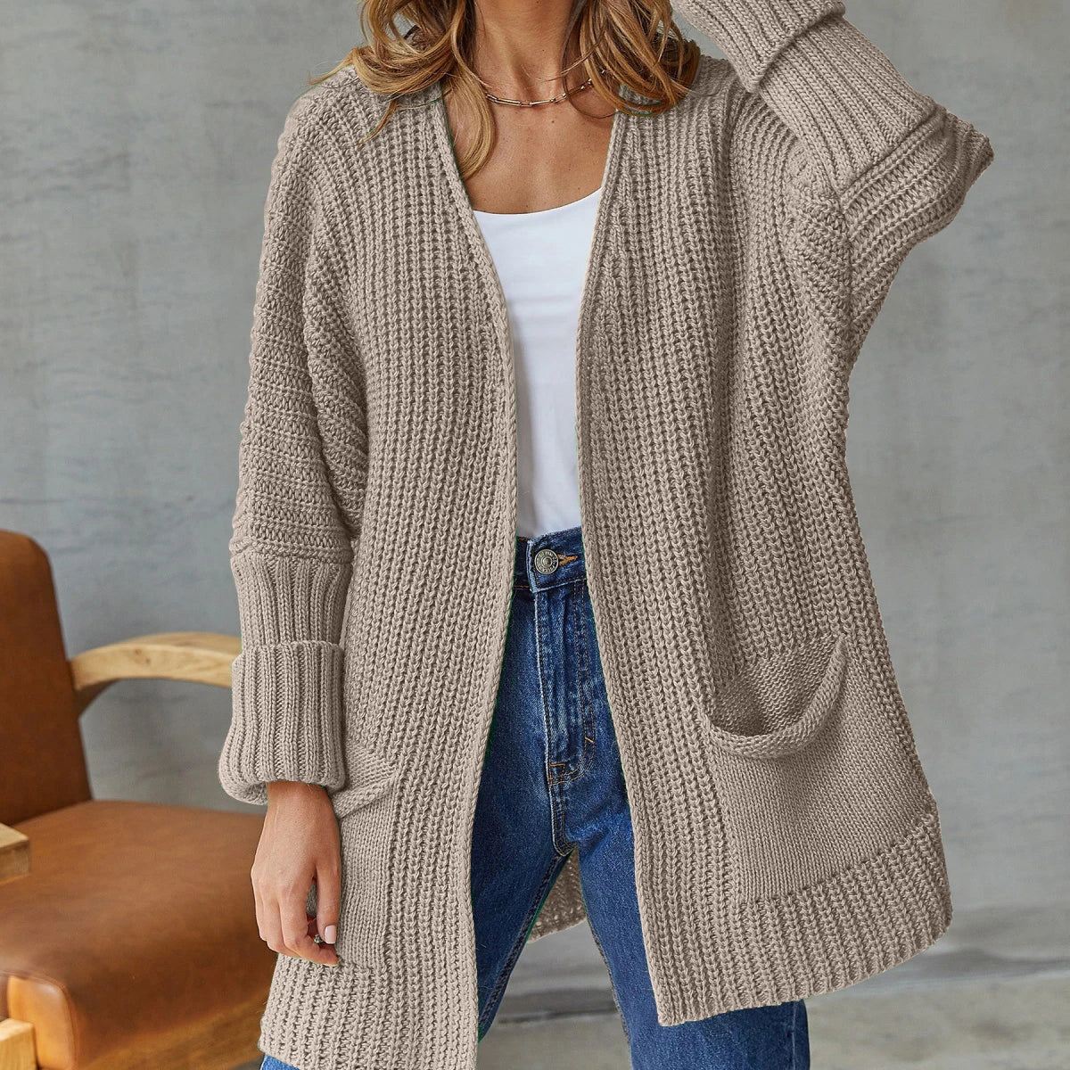 Chunky Knit Open Front Cardigan with Patch Pockets