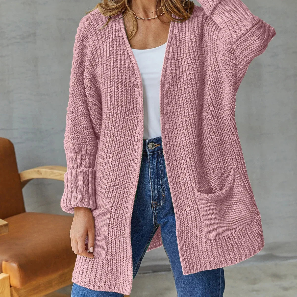 Chunky Knit Open Front Cardigan with Patch Pockets