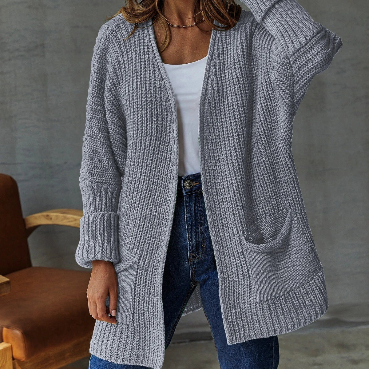 Chunky Knit Open Front Cardigan with Patch Pockets