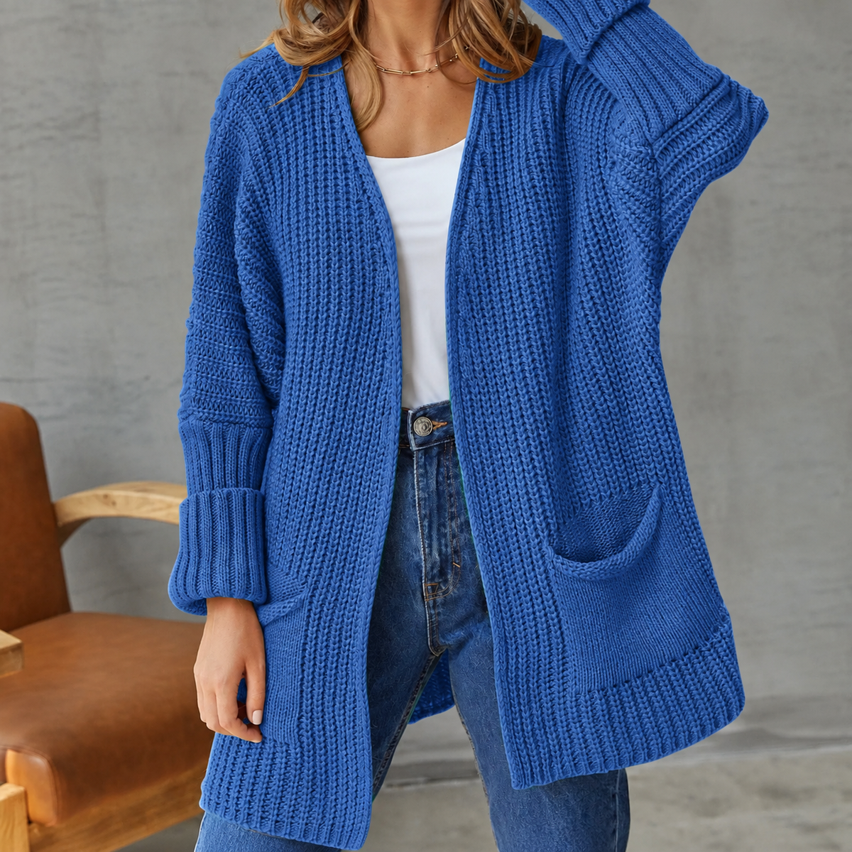 Chunky Knit Open Front Cardigan with Patch Pockets