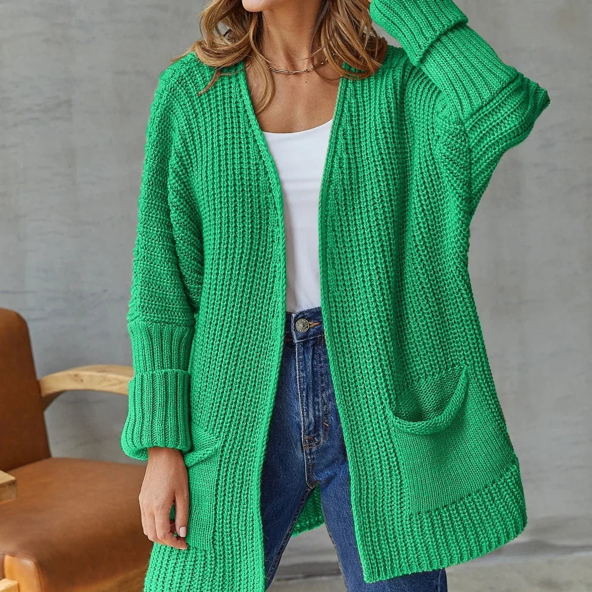 Chunky Knit Open Front Cardigan with Patch Pockets