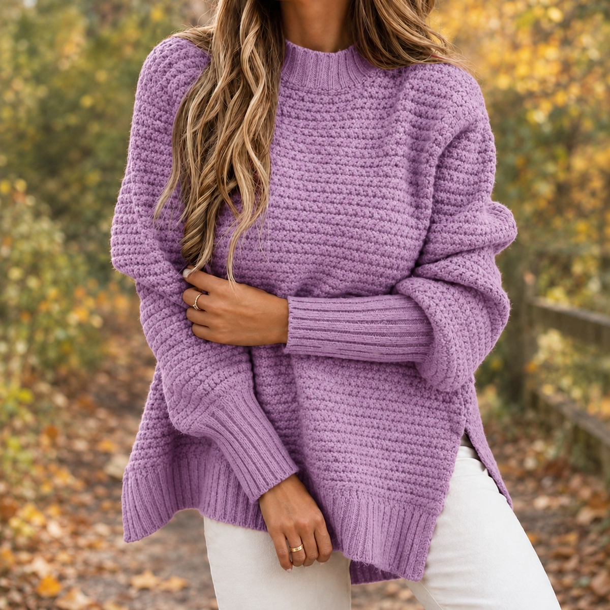 Chunky Oversized Sweater with High-Low Hem and Mock Neck