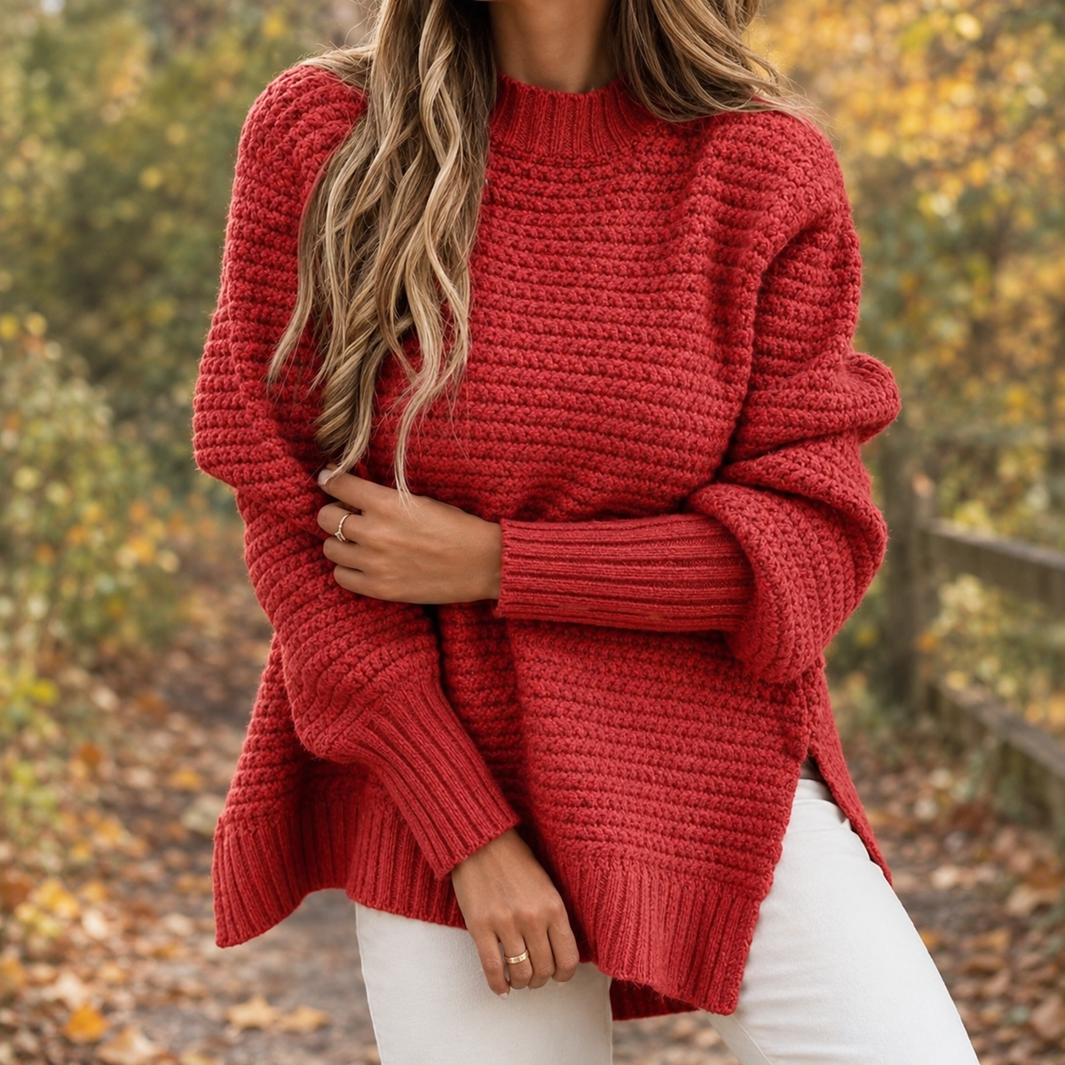 Chunky Oversized Sweater with High-Low Hem and Mock Neck