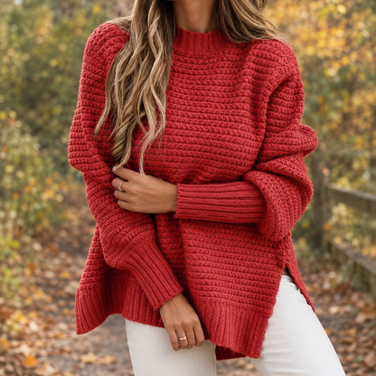 Chunky Oversized Sweater with High-Low Hem and Mock Neck