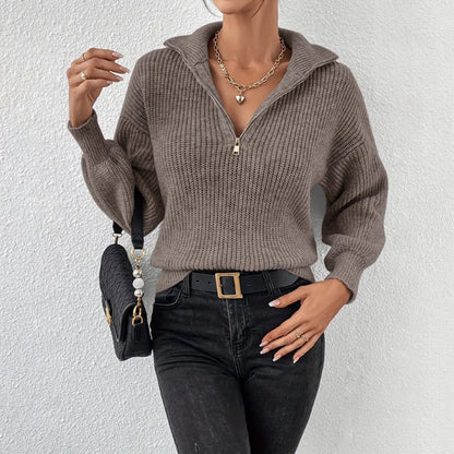 Chunky Ribbed Half Zip Sweater with Collar