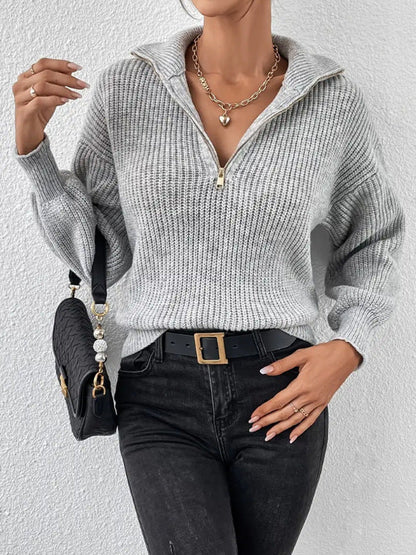 Chunky Ribbed Half Zip Sweater with Collar
