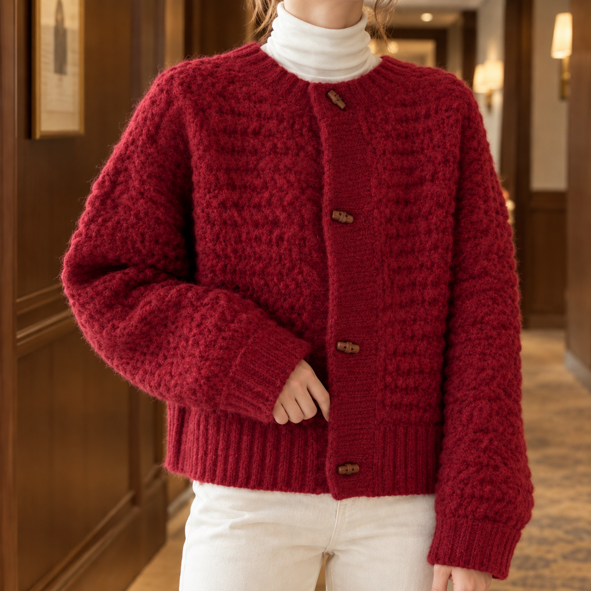 Chunky Waffle Knit Cardigan with Wooden Toggle Buttons