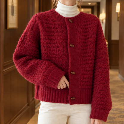 Chunky Waffle Knit Cardigan with Wooden Toggle Buttons